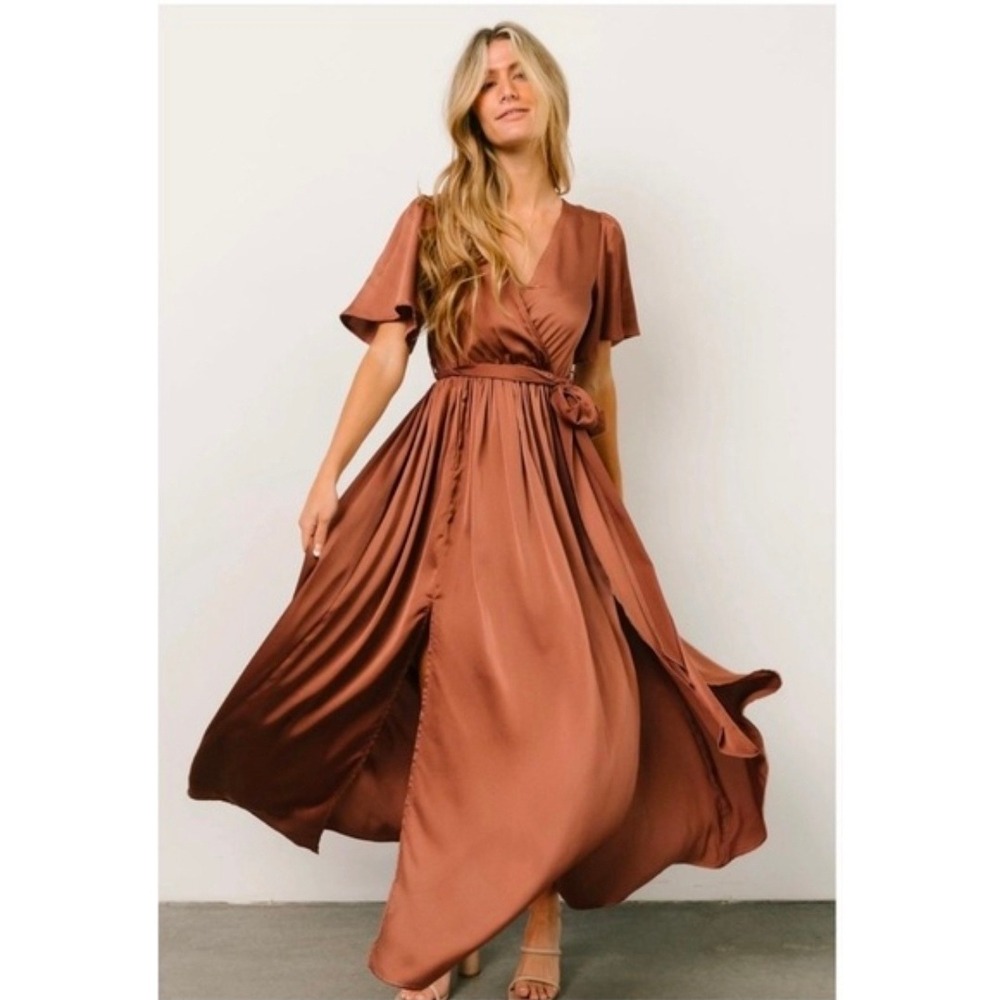 Baltic Born Sicily Satin Maxi Dress Rust Brown Short Sleeve Two Slit Size M